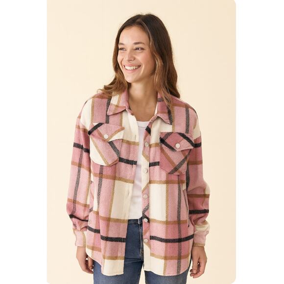 Womens Pink Lapel Plaid Wool Blend Coat Shirt Jacket Shacket XXL  Barn Flannel - Picture 1 of 6